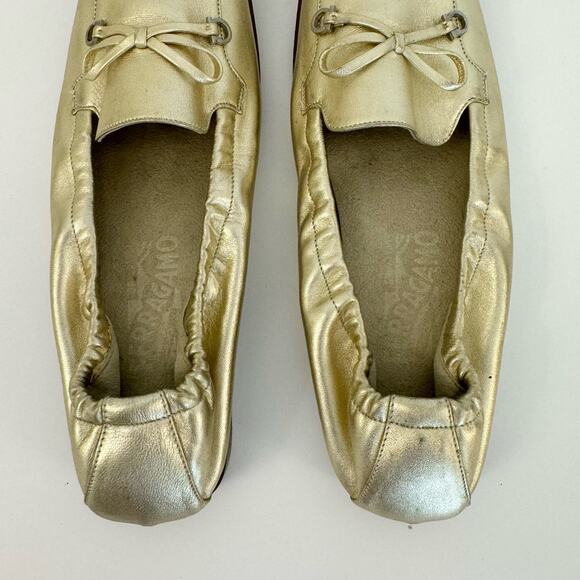 Salvatore Ferragamo Floyd Moon Nappa Calf Metallic Gold Shoes Loafers Size 7.5B - Picture 9 of 13